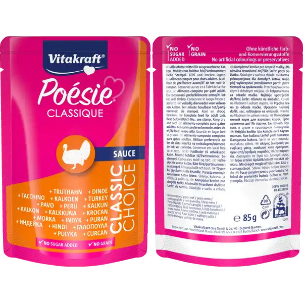 Vitakraft Poesie Classic Wet Cat Food in Pouch, Sauce 85 grams (Turkey) Grain Free & No Sugar Added