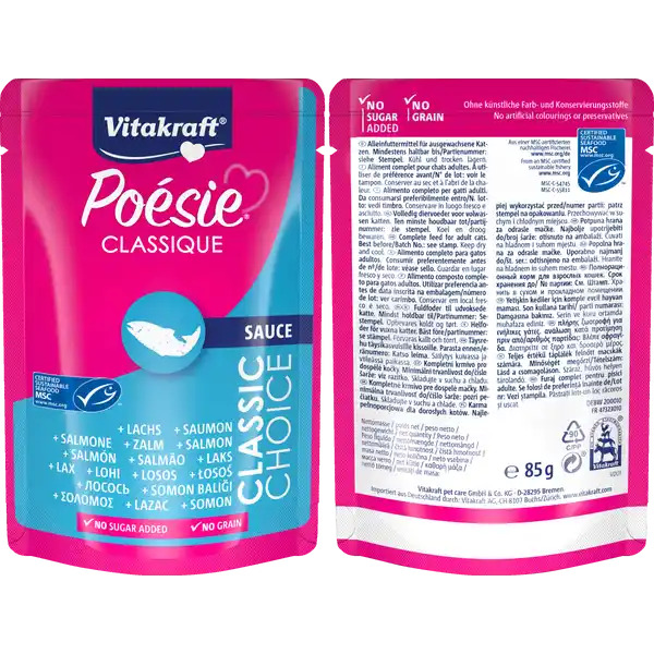 Vitakraft Poesie Classic Wet Cat Food in Pouch, Sauce 85 grams (Salmon) Grain Free & No Sugar Added