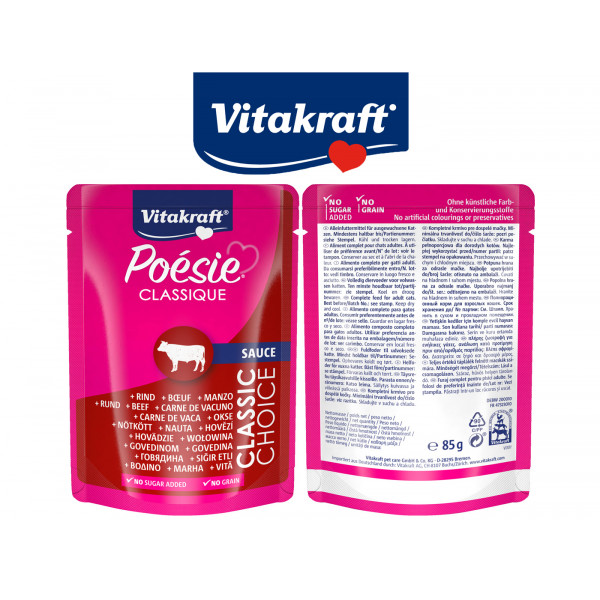 Vitakraft Poesie Classic Wet Cat Food in Pouch, Sauce 85 grams (Beef) Grain Free & No Sugar Added