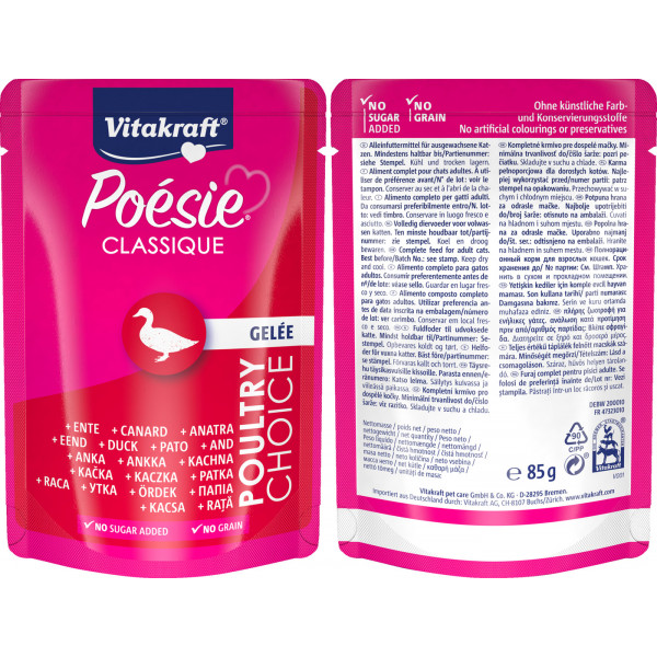 Vitakraft Poesie Classic Wet Cat Food in Pouch, Jelly 85 grams (Duck) Grain Free & No Sugar Added