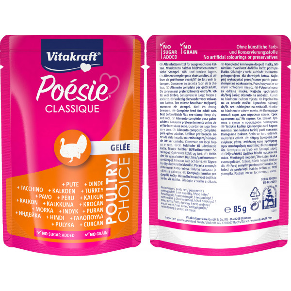 Vitakraft Poesie Classic Wet Cat Food in Pouch, Jelly 85 grams (Turkey) Grain Free & No Sugar Added