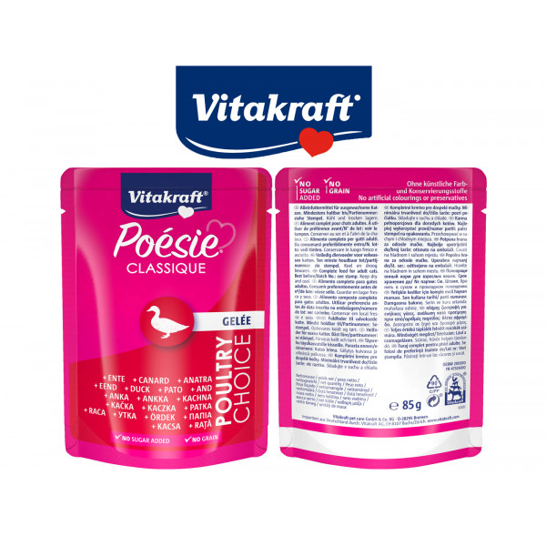Vitakraft Poesie Classic Wet Cat Food in Pouch, Jelly 85 grams (Duck) Grain Free & No Sugar Added