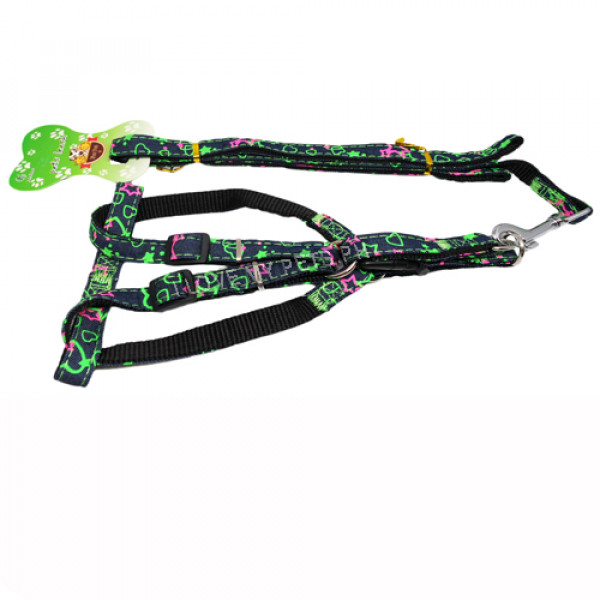 Pet Show harness (1.5 cm) w/ leash (1 meter), Denim Series, Heart & Star Design